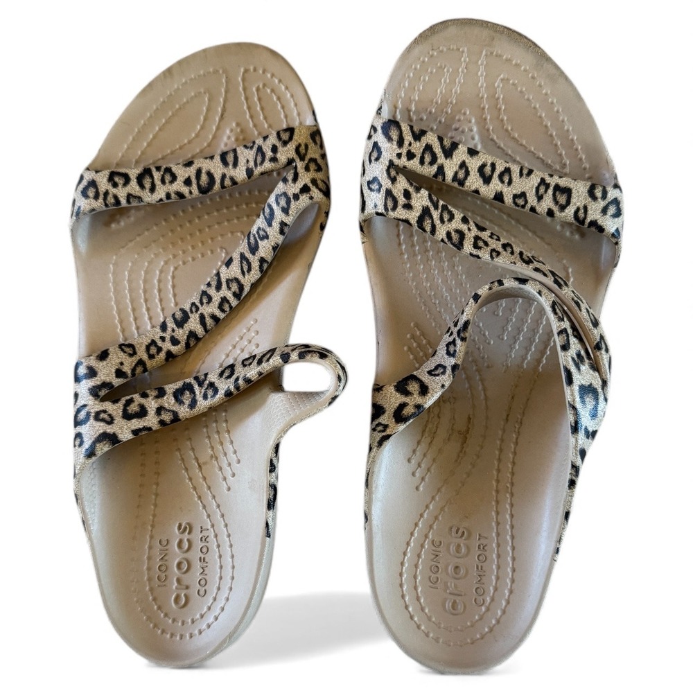 Crocs Womens‎ Kadee Leopard Print Comfort Slide Sandals Tan Black Size 7